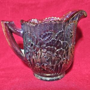Iridescent Purple Carnival Glass Creamer Pitcher, Imperial Glass Pansy Pattern